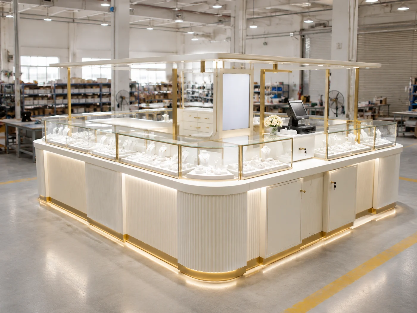 White and gold jewelry kiosk with glass display counters in Benson factory workshop